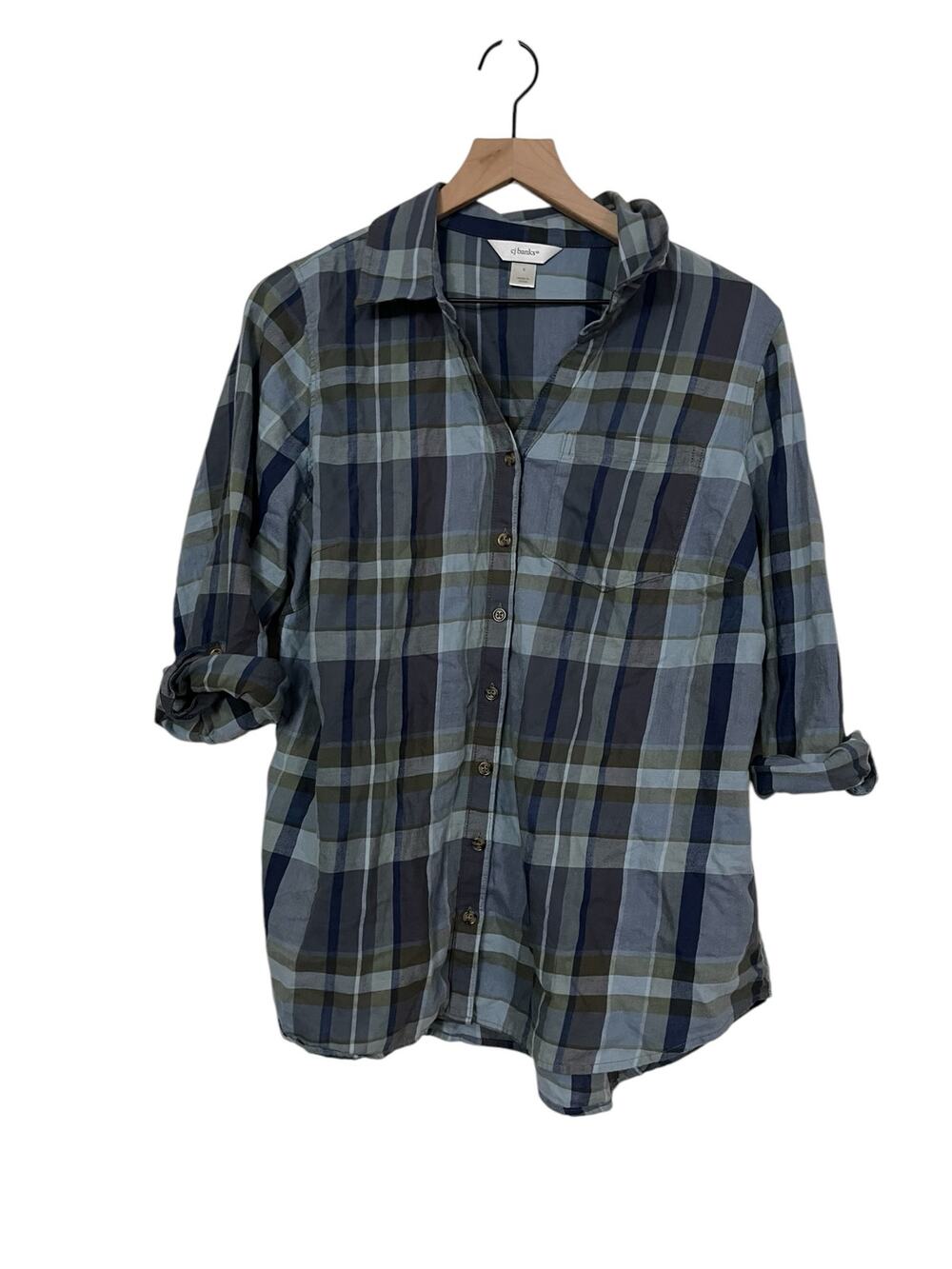 CJ Banks Womens Roll Tab Button Up Green Blue Plaid Shirt Size X